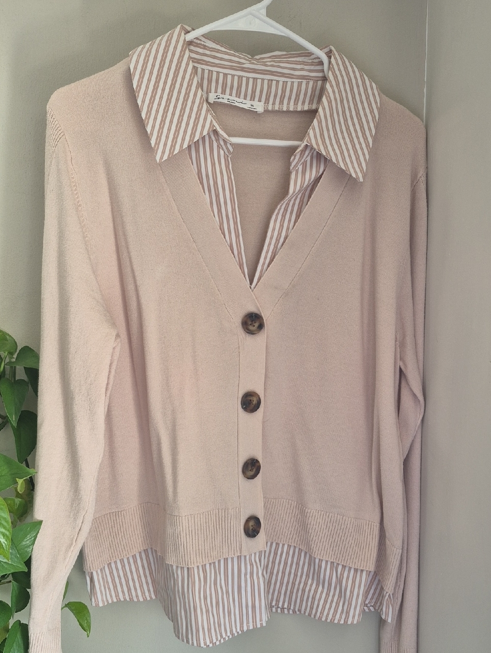 Light Blush Layered V-Neck Button Cardigan with Striped Shirt Hem